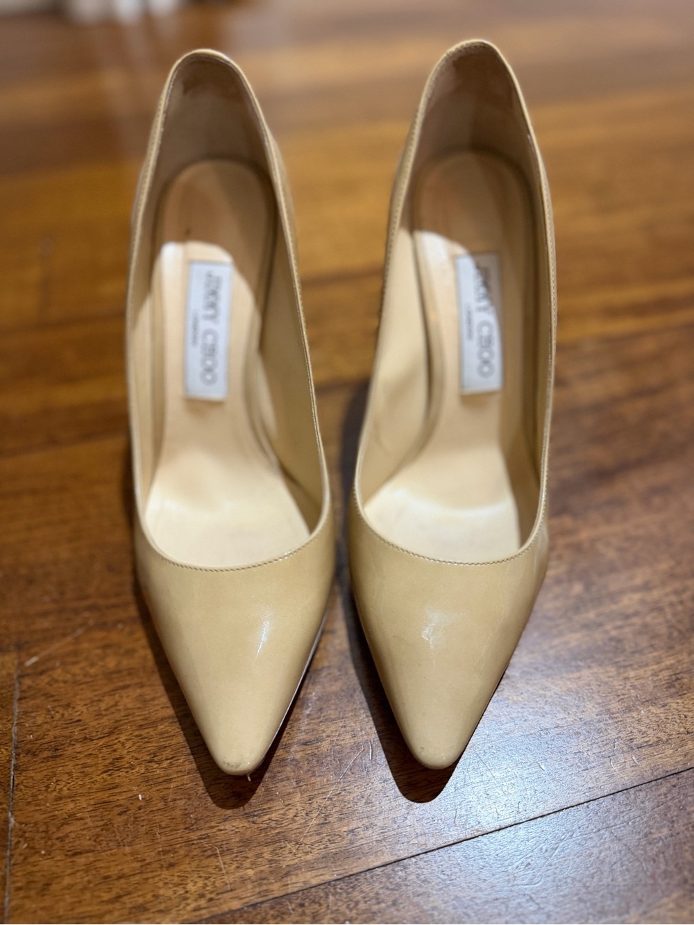 Jimmy Choo Beige Patent Leather Pointed Toe Pumps